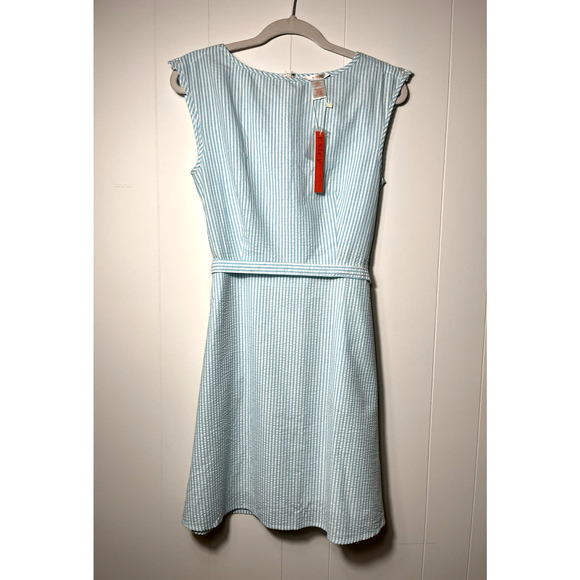 Esley Seersucker Nautical Mini Dress Sleeveless Belted Pockets Size Small New - Picture 1 of 12